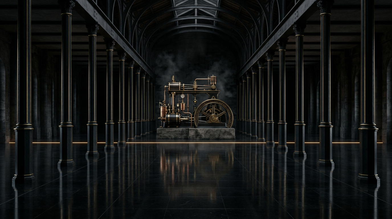 A brass steam engine on a stone plinth at the end of a dark cast-iron hall